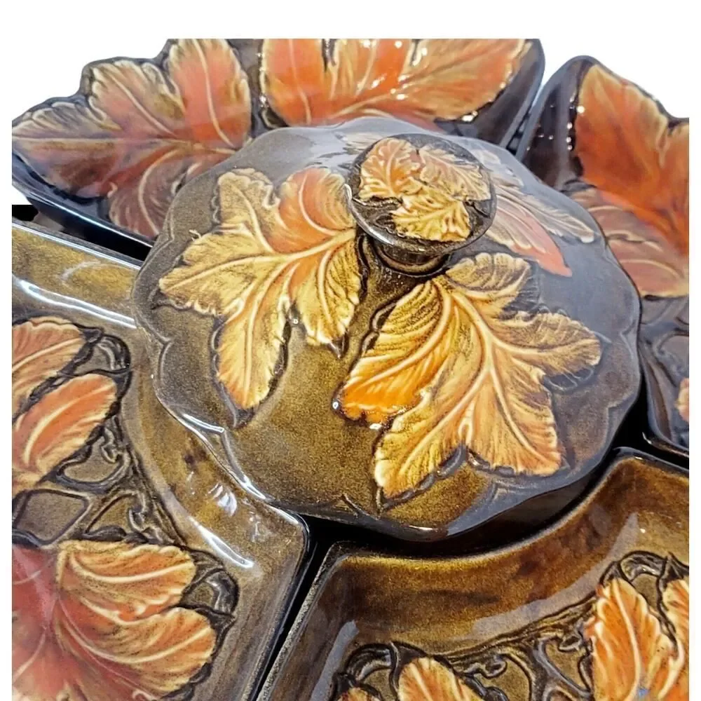 7 Pc Vintage Lazy Susan Fall Themed Red Yellow Leaves Pottery Serving Set‎ USA